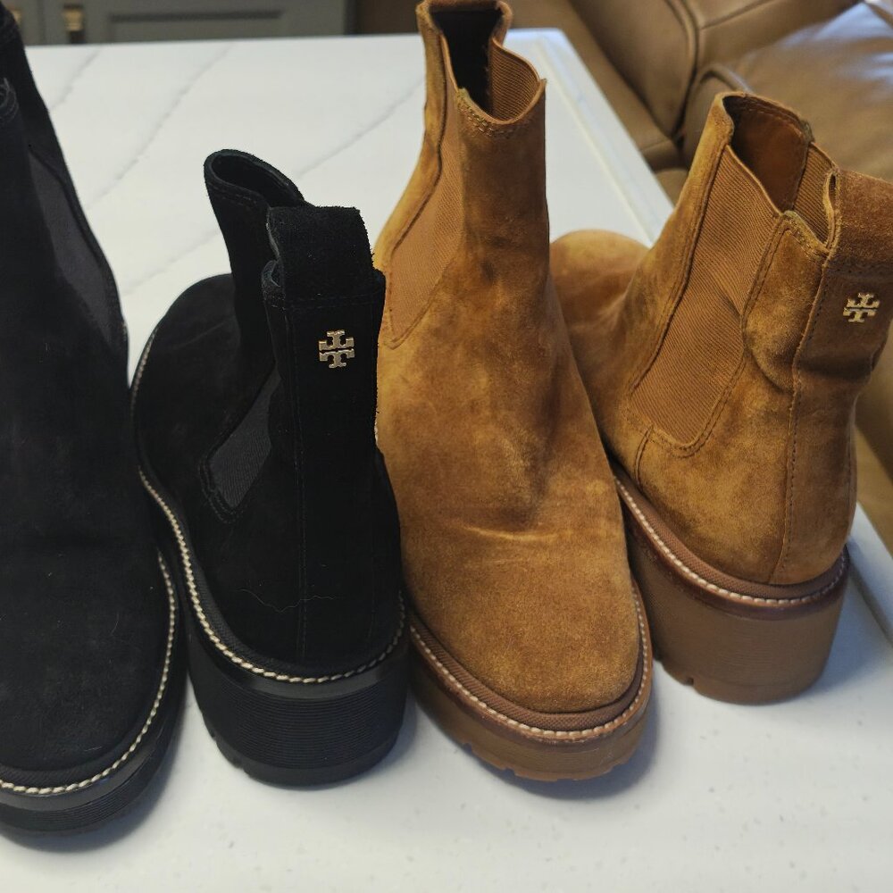 Tory Burch Suede Chelsea Boots – Black & Camel (Like New!)
